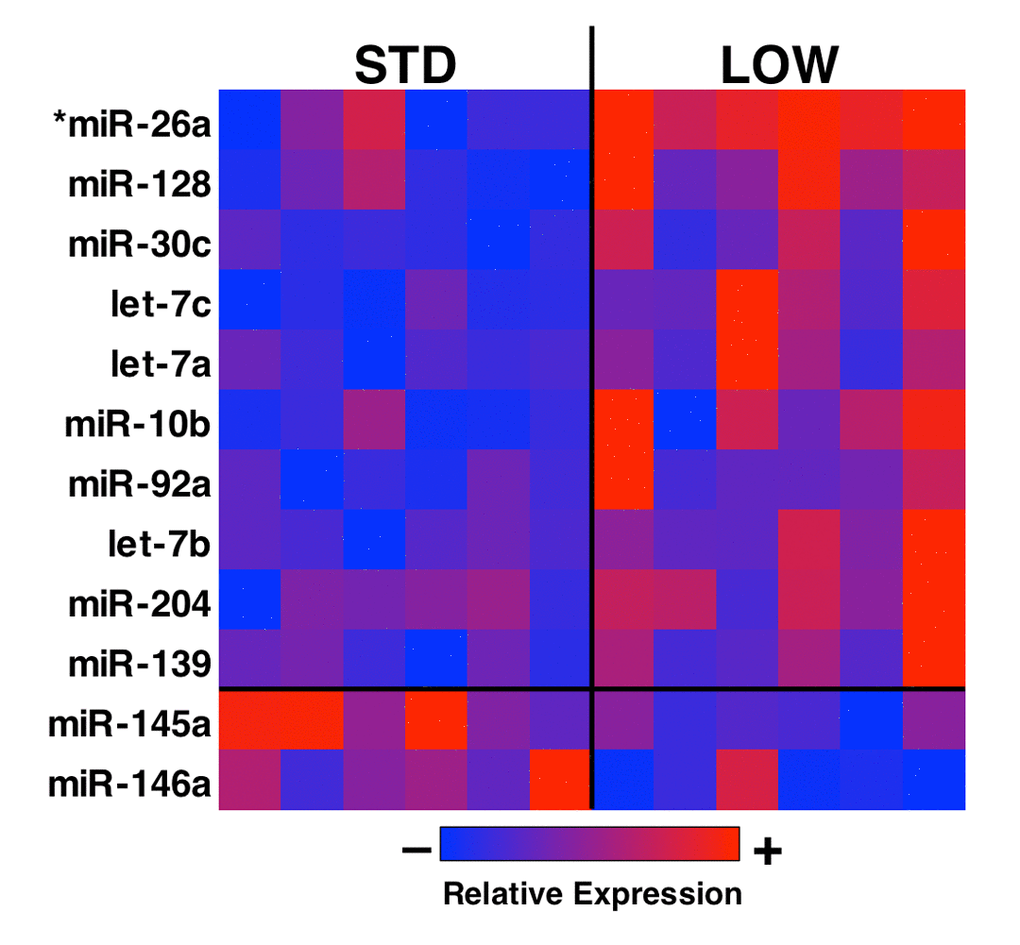 Analysis of differential miRNA expression in vitamin D sufficient and insufficient mice. Total RNA was isolated from tibialis anterior muscle and analyzed using miRNA sequencing. A total of 202 unique miRNAs reached thresholds for analysis, and a heat map was generated from 15 miRNA with a pn=6). Further analysis for false positives (Q-val) revealed mir-26a as being differentially expressed between the two groups.