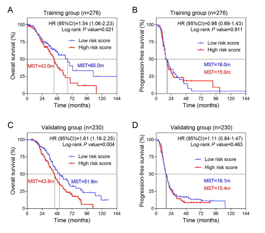 The association between three-gene signature and survival in training and validation groups. (A) Kaplan-Meier survival curves were plotted to estimate the overall survival probabilities for the low-risk versus high-risk group in training group (n=276). (B) Progression-free survival was estimated by Kaplan-Meier curves in training group (n=276). (C) Overall survival and (D) progression-free survival were estimated in validation group (n=230).