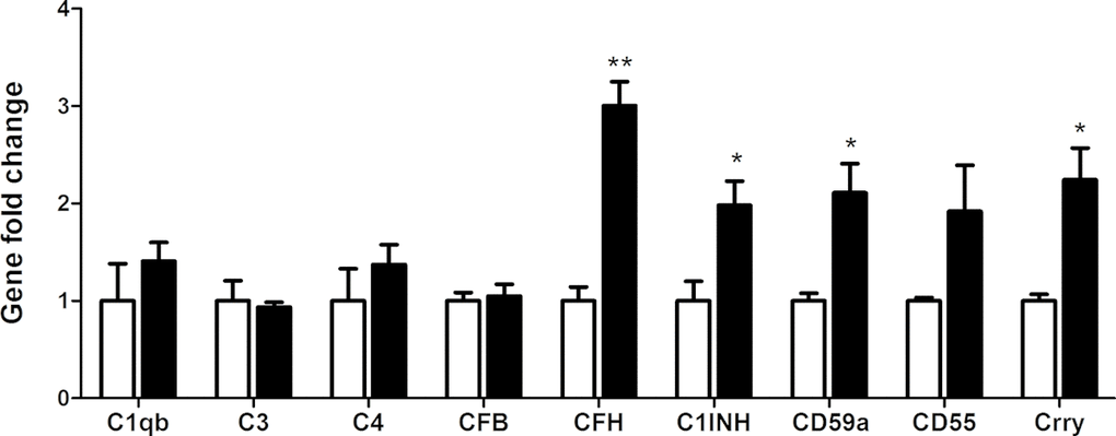 The effects of RPE/choroid eye-cup on BMDM complement gene expression. Naïve BMDMs were cultured in RPE/choroid eye cup from 18 months old mice for 7h. Macrophages were then isolated and processed for real-time RT-PCR analysis of complement genes. Mean ± SEM, n =3; *, P