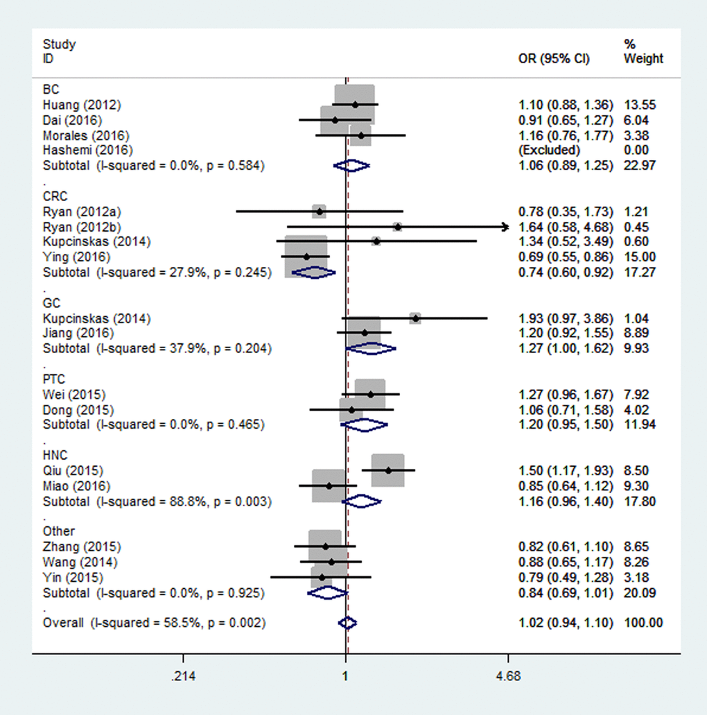 Stratified analysis based on the diﬀerent cancer sites for the association between microRNA-608 rs4919510 polymorphism and cancer risk using homozygote model (GG vs. CC). The squares and horizontal lines correspond to the study specific OR and 95% CI. The area of the squares reﬂects the weight (inverse of the variance). The diamond represents the summary OR and 95% CI.