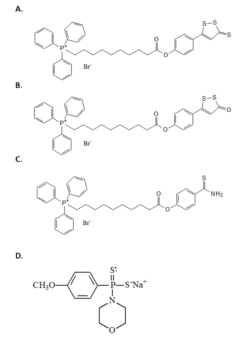 The structure of the H2S donor compounds used in this study. The structures of the compounds used in this study are given. (A) AP39 (B) RT01 (C) AP123 (D) Sodium GYY4137.