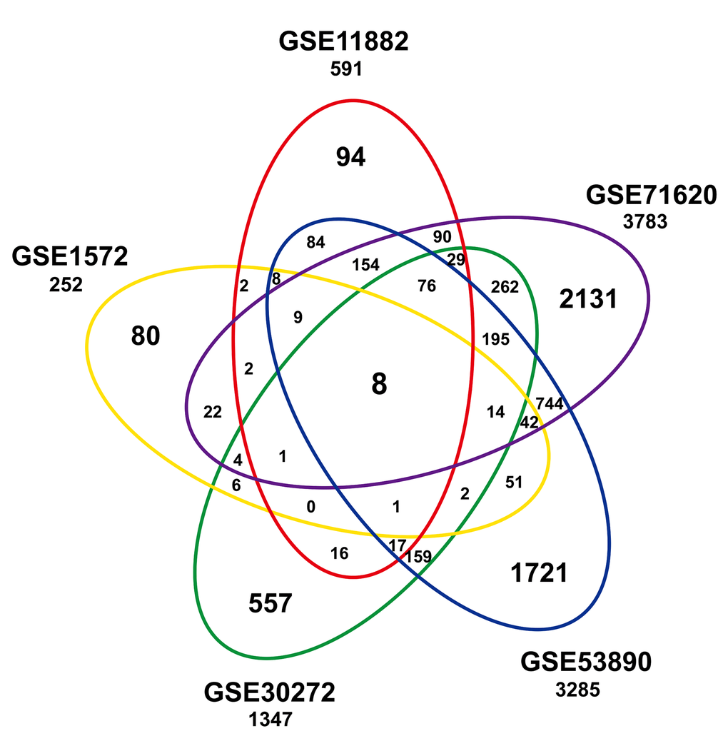 Significant age-associated genes in studies of the frontal cortex compendium. Shown is a Venn analysis performed to determine the overlap of significantly age-associated genes identified in five independent studies.