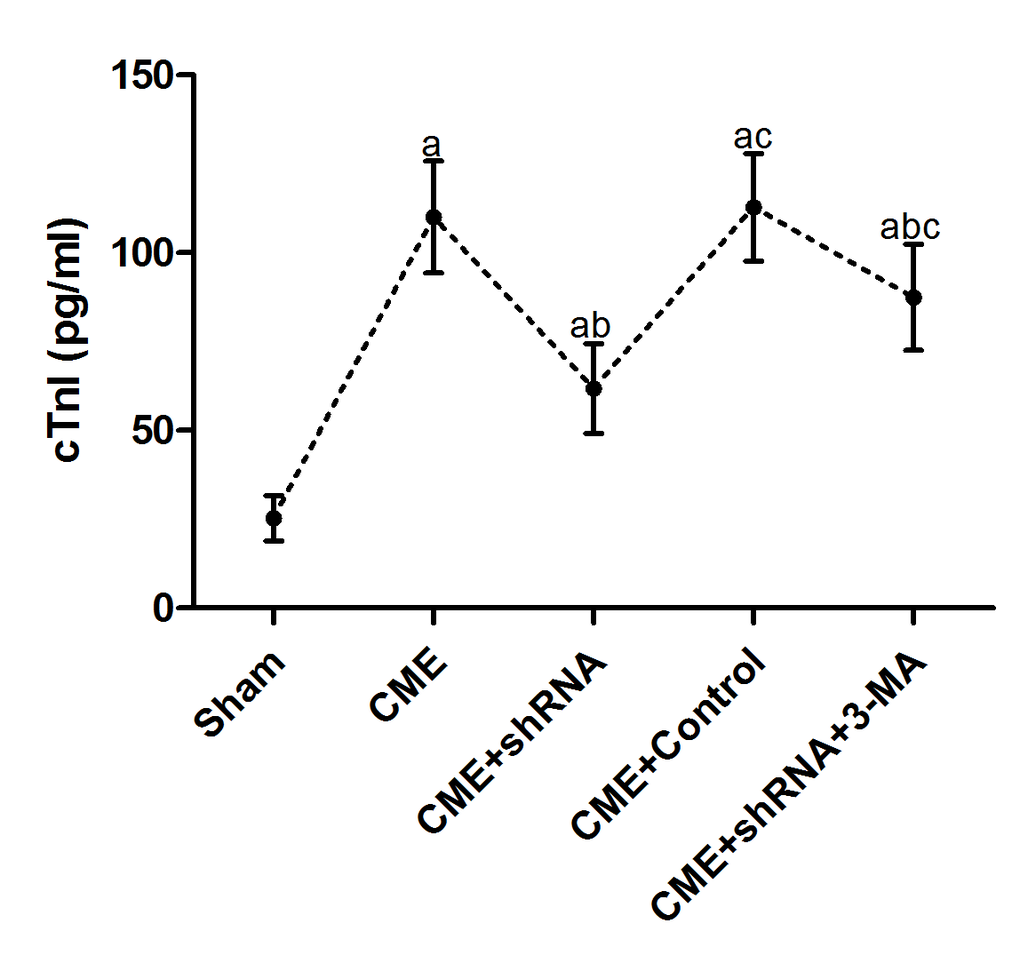 Inhibition of Egr-1 attenuated myocardial injury following CME. Egr-1 downregulation rapidly reduced the serum cTnI level after CME modeling. The results are presented as the means ± SD from at least three independent experiments. aP bP cP 