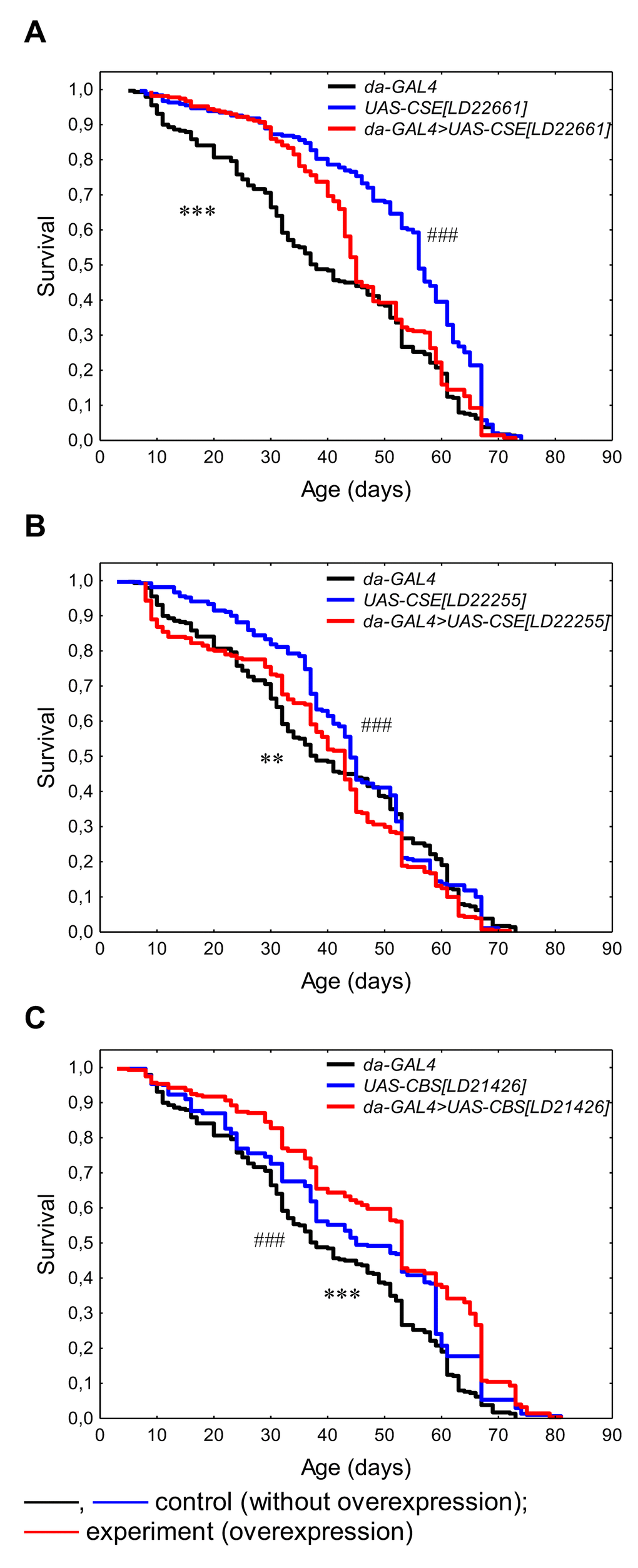 The effects of constitutive ubiquitous overexpression of CSE[LD22661] (A), CSE[LD22255] (B), CBS[LD21426] (C) on lifespan. *pda-GAL4>UAS vs da-GAL4; #p##p###pda-GAL4>UAS vs UAS, Kolmogorov-Smirnov test.