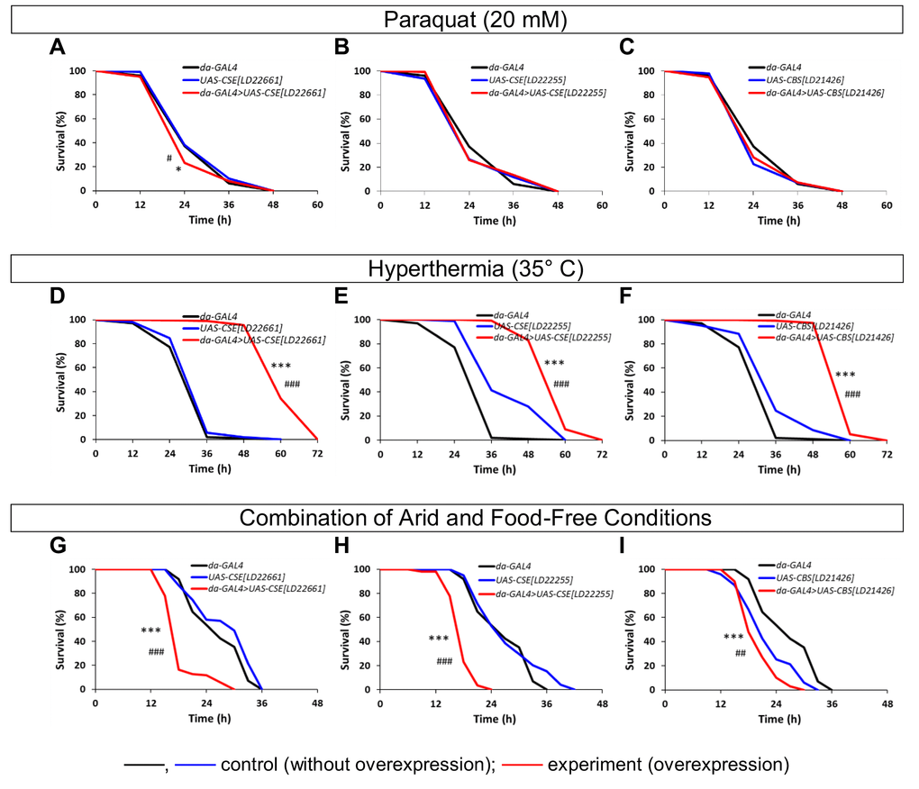 The effects of constitutive ubiquitous overexpression of CSE and CBS genes on resistance to stress factors (paraquat (A-C), hyperthermia (D-F) and combination of arid and food-free conditions (G-I)). *pda-GAL4>UAS vs da-GAL4); #pda-GAL4>UAS vs UAS).