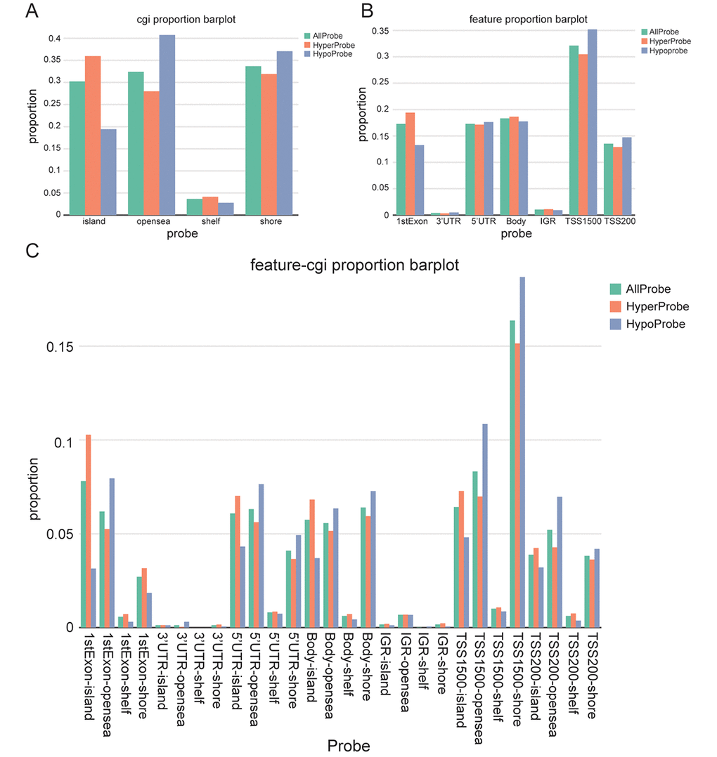 Screening and visualization of differential CpG sites. (A) Distribution of differentially methylated CpG sites according to regions (shores, shelves, islands, and open sea). (B) Distribution of differentially methylated CpG sites according to gene position (1stExon, 3’ UTRs or 5’ UTRs, body, IGR, TSS1500 and TSS200). (C) The distribution of differentially methylated CpG sites by combining CpG regions and gene location.