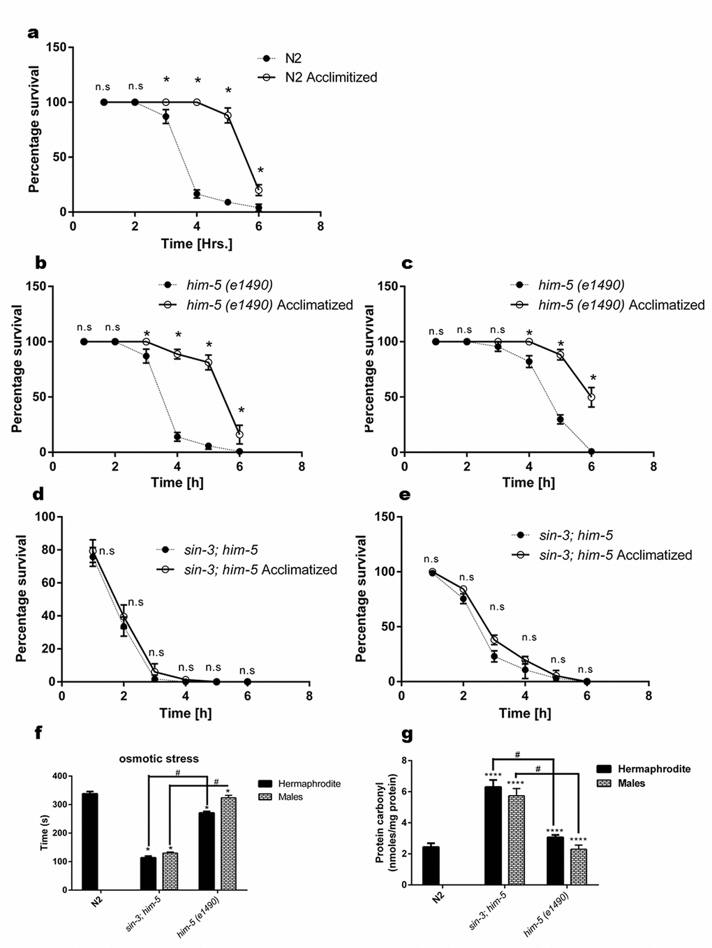 Loss of sin-3 causes decline in percentage survival of worms after thermal stress insult. Percentage survival with and without acclimatization at 25 °C of (a) N2 hermaphrodite (b) him-5(e1490) hermaphrodites and (c) him-5(e1490) males. (d) Loss of sin-3 causes decline in percentage survival after thermal stress insult in both hermaphrodites and (e) males (ns, non-significant; * p  0.05; Student’s t test was performed). (f) Loss of sin-3 causes decline in the survival after osmotic stress insults in the strains indicated when tested on NGM plates with 500mM NaCl. (g)sin-3 deletion causes significant protein carbonylation. Hermaphrodite and males of the indicated strains were subjected to quantification of protein carbonyl content (ns, non-significant; *p  0.05; **p  0.001, ****p  0.0001 and denotes the comparison with respect to wild-type N2; Two way ANOVA performed # p 0.001 denotes the comparison between sin-3;him-5 and him-5(e1490) Student’s t test performed).
