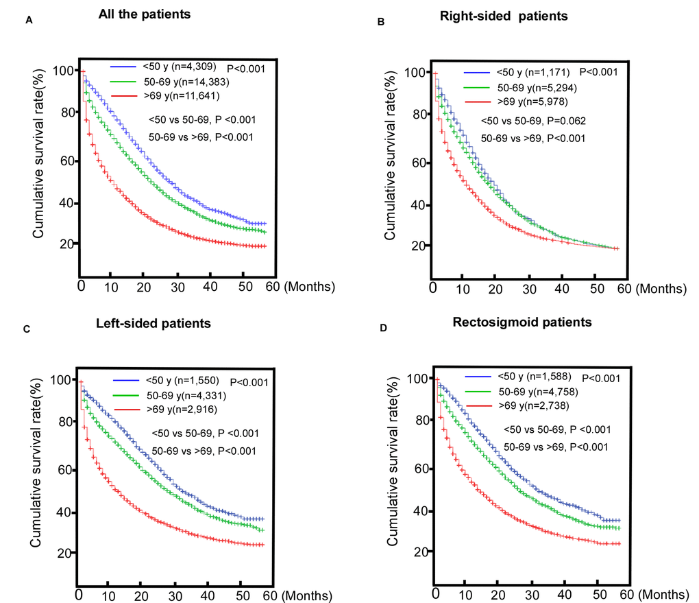 Comparisons of survival of patients with metastasic colorectal cancer (mCRC). (A) The entire cohort; (B) Right-sided colorectal cancer (RCC) subgroup; (C) Left-sided colorectal cancer (LCC) subgroup; (D) Rectosigmoid cancer (RSC) subgroup.