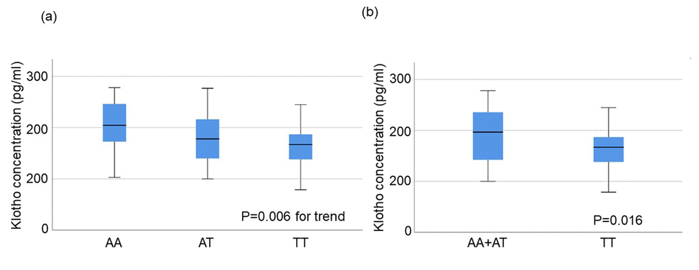 Plasma klotho concentration in subjects aged 70±1 years stratified by rs650439. (a) Comparison among three groups (AA, AT, TT). The significance of trend in klotho concentration among the groups was determined by Jonckheere-Terpstra trend test. (b) Comparison between two groups (AA+AT vs. TT). The significance of difference between two groups was determined by Mann-Whitney U test.