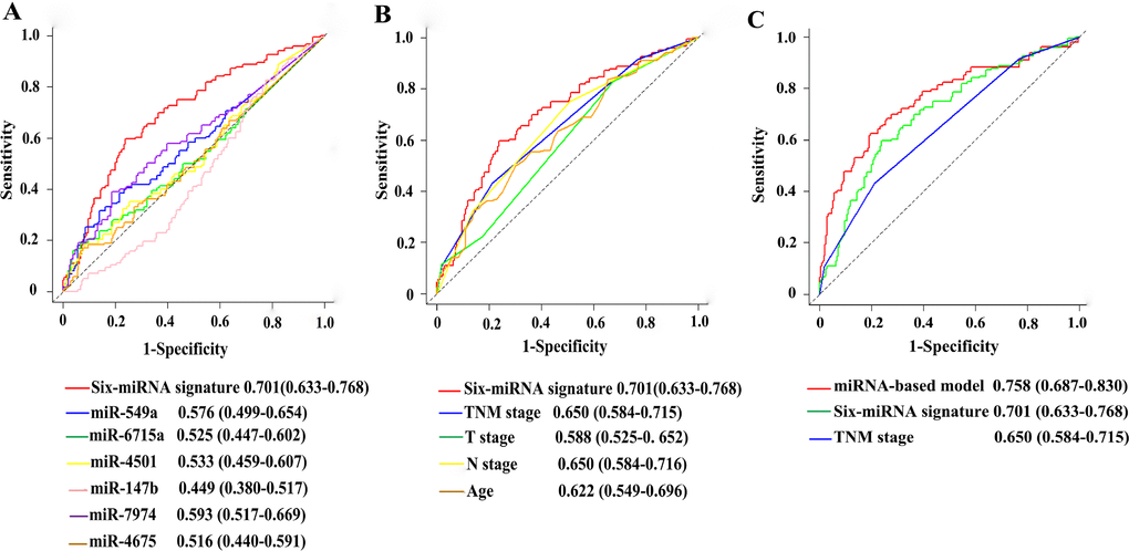 Comparisons of the prognostic accuracy at 5-years using time-dependent receiver operating characteristic curves in the six-miRNA signature with single miRNA (A), the six-miRNA signature with clinical risk factors (B), and the six-miRNA-based prognostic model with six-miRNA signature, TNM stage (C).