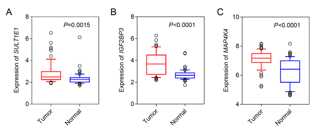 The expression of three hypomethylated genes in PC and normal tissues. (A) SULT1E1; (B) IGF2BP3; (C) MAP4K4.