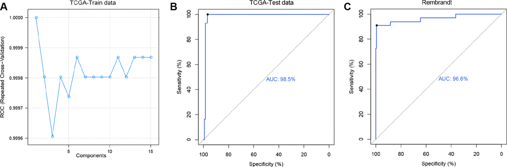 Predicting 1p/19q status by Caret algorithm. (A) The ROC values of 15 PLS models were compared to select the optimal prediction model (ncomp.1) using TCGA-Test data. (B and C) ROC curves for 1p/19q status prediction by applying the ncomp.1 model, AUC (TCGA-Test data) = 0.985, AUC (Rembrandt) = 0.966.
