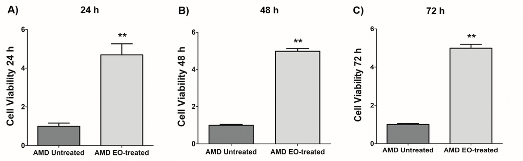 Effect of EO on cell viability. When treated with 25 mg/mL EO, AMD cybrid cells showed consistently increased viable cell numbers at 24 h (A), 48 h (B), and 72 h (C) compared to their untreated counterparts. ** indicates p