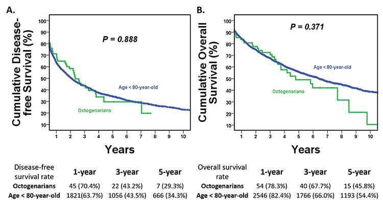 Kaplan–Meier disease-free survival (DFS) and overall survival (OS) curves for hepatocellular carcinoma treated by hepatectomy in the O-HCC and Y-HCC groups. (A) Disease-free survival curves. The median DFS was 27.9 months in the O-HCC group and 24.9 months in the Y-HCC group (P=0.888). The 5-year DFS rate was 29.3% in the O-HCC group and 34.3% in the Y-HCC group (P =0.671). (B) Overall survival curves. The median OS was comparable between the two groups. The median OS was 57.4 months in the O-HCC group and 77.1 months in the Y-HCC group (P=0.371). The 5 year-OS rate was 45.8% in the O-HCC group and 54.4% in the Y-HCC group (P =0.379).