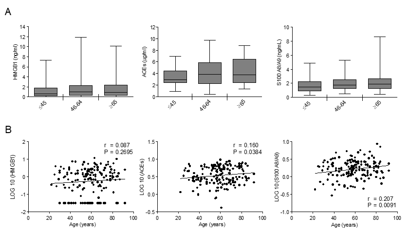 The effect of age on circulating levels of RAGE ligands: AGEs, S100A8/A9 and HMGB1. (A) Bars represent serum levels of indicated RAGE ligands in three age groups of a healthy population, young (≤45 yrs; n=36), middle age (46-64 yrs; n=65-71) and elderly-old (≥65 yrs; n=57-61). Data are in the original units. Values are expressed as median and interquartile range. Kruskal-Wallis with Dunn’s multiple comparison test. (B) Scatter plots showing correlation between age and HMGB1, AGEs or S100A8/A9. Variables showed a skew-ness distribution and were log-transformed. r=Pearson’s coefficient. P 