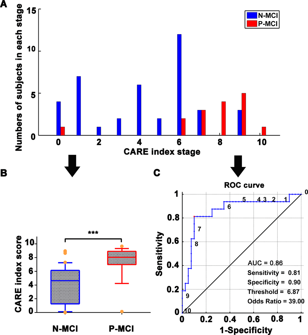 Independent validation with NADS dataset for prediction of N-MCI and P-MCI subjects using the CARE index. (A) Number of patients in each diagnostic category at each individual CARE index stage at baseline from the NADS dataset. N-MCI subjects are represented in blue and P-MCI subjects in red. (B) Boxplot representing the distribution comparison of N-MCI and P-MCI subjects. For each boxplot, the band represents the median value, the box represents the interquartile range, and whiskers show the range of data without outliers (an outlier being defined as any value that lies more than one and a half times the interquartile range from either end of the box). Differences were assessed between the two groups using Mann-Whitney tests; ***p C) The power of the ROC curve of the CARE index “classifier” in predicting P-MCI versus N-MCI at baseline in the NADS dataset. Note: Numbers next to ROC curve indicate CARE index threshold. The values of sensitivity, specificity, and odds ratio in lower right of the figure present the optimum values under the optimum CARE index threshold (red piont). Abbreviations: NADS, Nanjing Aging and Dementia Study; AD, Alzheimer’s disease; P-MCI, progressive MCI, including MCI subjects who progressed to AD-type dementia at the three-year follow up; N-MCI, nonprogressive MCI, including MCI subjects who had not progressed to dementia at the three-year follow up; MCI, mild cognitive impairment; CARE, characterizing AD risk event; ROC, receiver operating characteristic; AUC, area under curve.