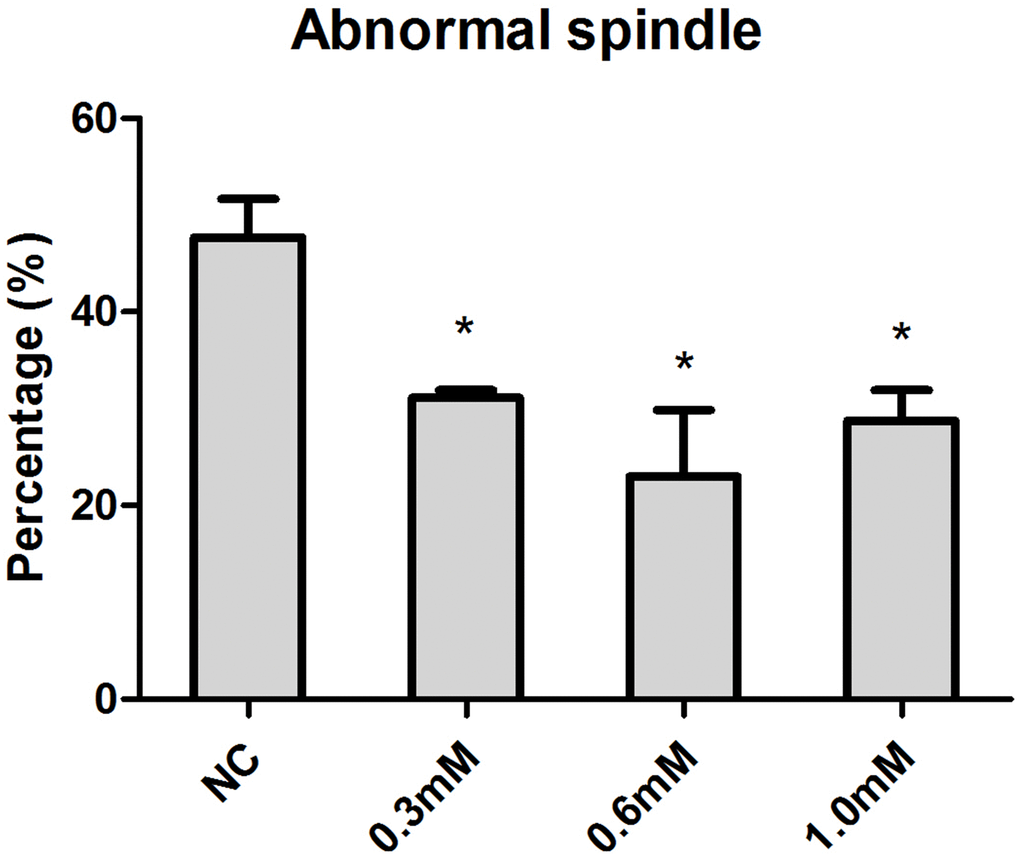 Concentration-dependent effect of NAC on spindle morphology in post-ovulatory oocytes aging for 24h in vitro. Oocytes cultured with different concentrations of NAC for 24h in vitro were collected for immunofluorescence analysis. Oocytes with normal spindles and those showing abnormal spindles were counted to calculate the percentage of abnormal spindles. X-axis represents the concentrations of NAC. NC, the oocyte without NAC treatment. Y-axis represents the percentages of oocytes with abnormal morphological spindle. Data are expressed as mean ± SEM of at least 3 independent experiments, and 6 superovulated mice were killed to obtain a minimum of 40 oocytes for each experiment. Star represents mean differ 0.01