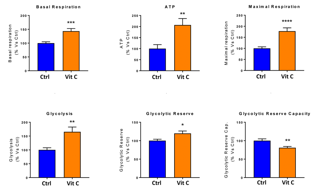 Low-dose Vitamin C alone increases both mitochondrial metabolism and glycolysis: Bar graphs. The metabolic profile of MCF7 cell monolayers pre-treated with 250 μM Vitamin C alone for 3 days was assessed using the Seahorse XFe96 analyzer. Note that treatment with 250 μM Vitamin C significantly increased basal respiration, ATP production and maximal respiration. Also, note that treatment with 250 μM Vitamin C significantly increased glycolysis and glycolytic reserves, while decreasing glycolytic reserve capacity. *p 