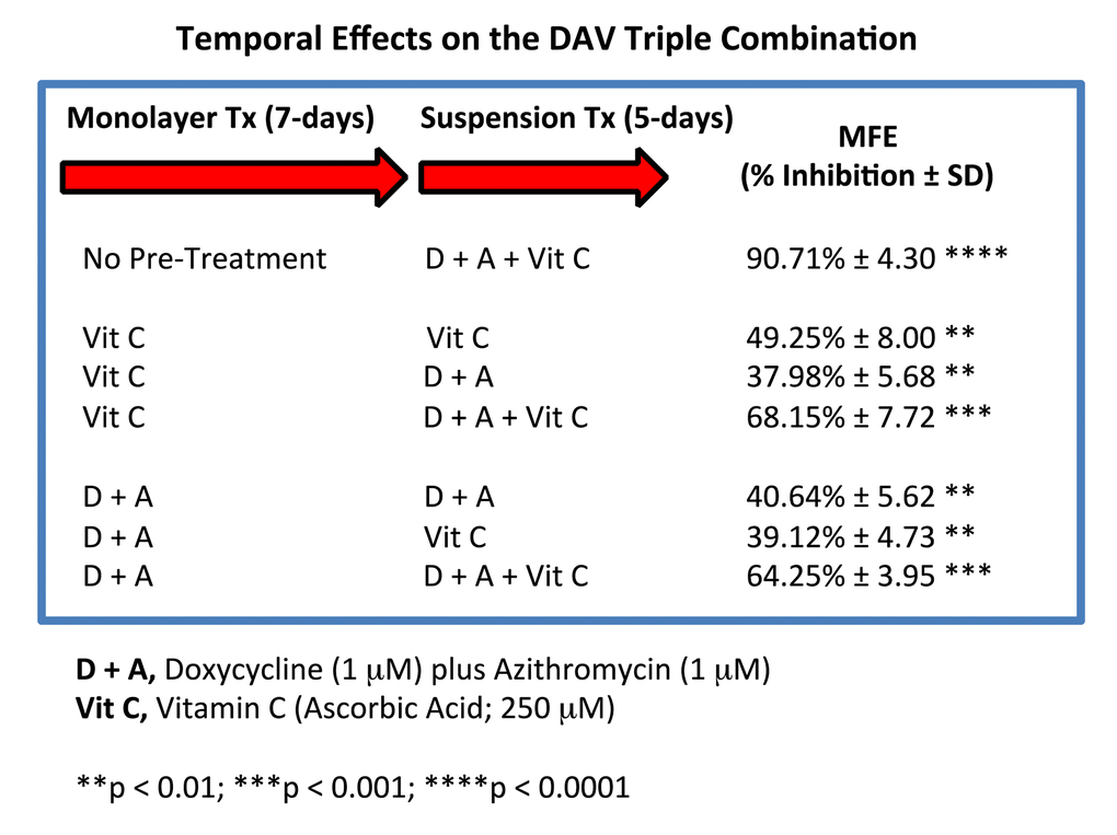Effect of various pre-treatments on the efficacy of the DAV triple combination. Briefly, MCF7 cells, grown as monolayer cultures, were first pre-treated with either Vitamin C alone (250 μM), or Doxycycline Plus Azithromycin (D + A; 1 μM each), for a period of 7 days. Then, MCF7 cells were harvested with trypsin and re-plated under anchorage-independent growth conditions, in the presence of various combinations of Vitamin C, Doxycycline and Azithromycin. Note that 7 days of pre-treatment with either Vitamin C alone or Doxycycline Plus Azithromycin (D + A), rendered the DAV triple combination significantly less effective. Therefore, to achieve maximal impact, we conclude that all three components of the DAV combination of Doxycycline (1 μM), Azithromycin (1 μM) and Vitamin C (250 μM), should be administered together at the same time. MFE, mammosphere formation.