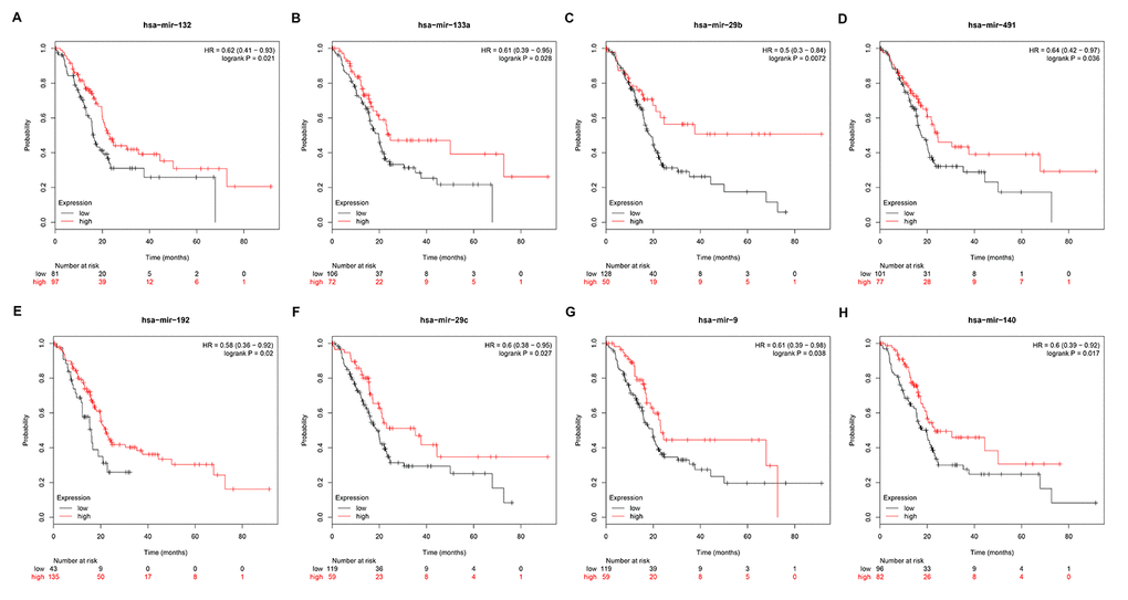 Prognostic values of miRNAs in pancreatic cancer. (A) Prognostic value of has-miR-132 in pancreatic cancer. (B) Prognostic value of has-miR-133a in pancreatic cancer. (C) Prognostic value of has-miR-29b in pancreatic cancer. (D) Prognostic value of has-miR-491 in pancreatic cancer. (E) Prognostic value of has-miR-192 in pancreatic cancer. (F) Prognostic value of has-miR-29c in pancreatic cancer. (G) Prognostic value of has-miR-9 in pancreatic cancer. (H) Prognostic value of has-miR-140 in pancreatic cancer.