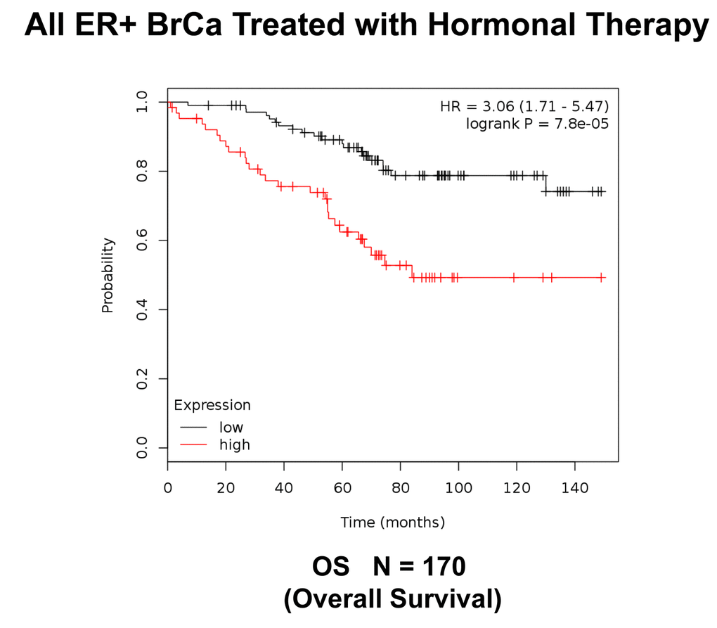 K‐M analysis of survival using a Mito‐Signature in a group of ER(+) breast cancer. These patients were treated with hormonal therapy. Note that patients with high‐expression levels of the Mito‐ Signature showed a >3‐fold reduction in long‐term survival (N = 170 patients; p = 7.8e‐05). OS, overall survival.