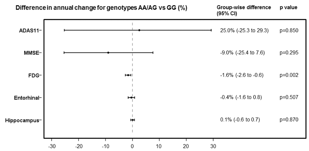 Comparison of rates of change in ADAS11, MMSE, FDG, entorhinal cortex volume and hippocampus volume, expressed as differences in annual percentage changes, with 95% CIs, between AA/AG and GG genotypes.