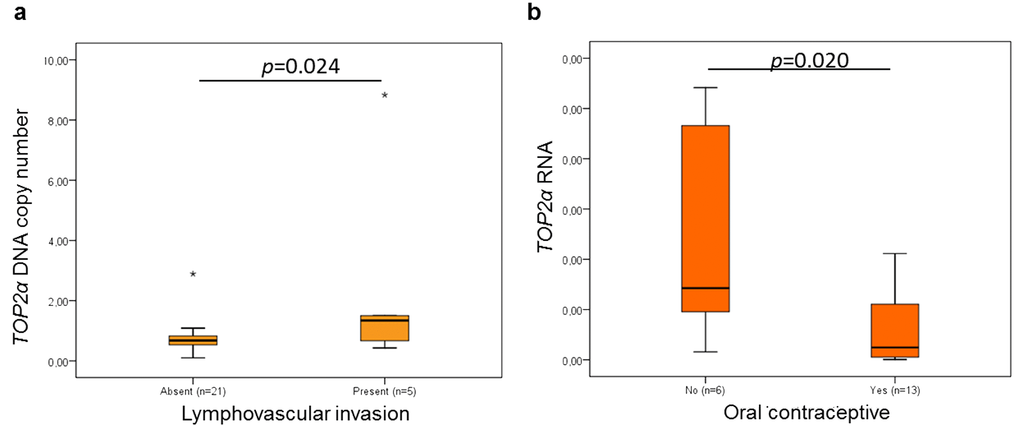 Statistical associations between TOP2α gene status and lymphovascular invasion (a) and between ERBB2 RNAs levels and oral contraceptive administration (b). The data are presented as box-plot graphics, showing median, quartiles and extreme values for each category. The p-value was obtained by one-way analysis of variance test (ANOVA, Tukey Post Hoc Multiple Comparisons).