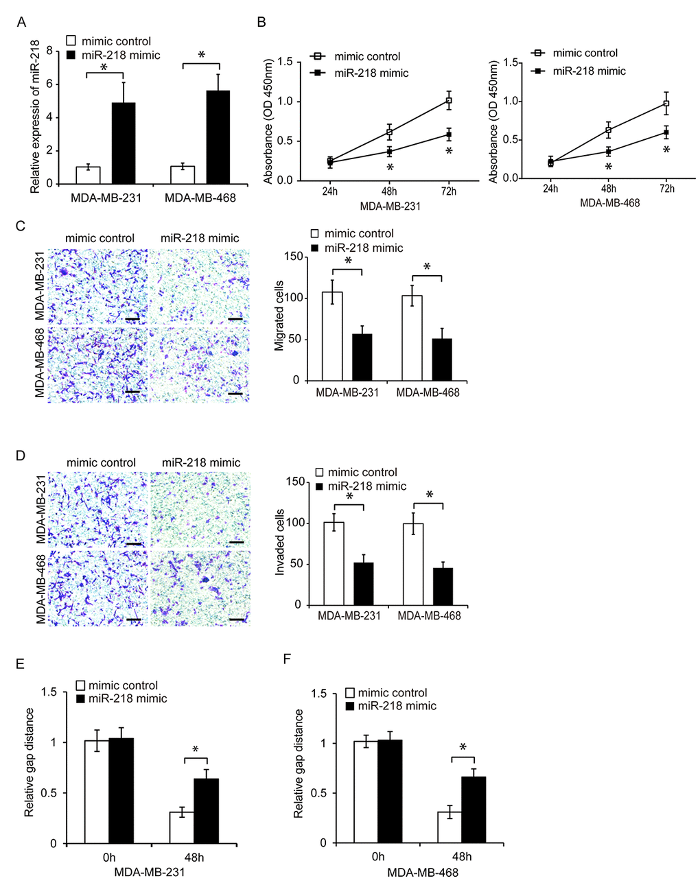 Overexpression of miR-218 suppresses TNBC cell proliferation, migration, and invasion. (A) Relative miR-218 expression in TNBC cells following transfection with a miRNA mimic or miR-218 mimic control. (B) Analysis of TNBC cell proliferation following transfection with a miR-218 mimic or miRNA mimic control using CCK8 assays. (C, D) Analysis of the migration and invasion capacities of MDA-MB-231 and MDA-MB-468 cells following transfection with a miR-218 mimic or miRNA mimic control using transwell assays. (E, F) Analysis of the migration capacity of MDA-MB-231 and MDA-MB-468 cells following transfection with either a miR-218 mimic or miRNA mimic control using wound healing assays. Scale bars, 200 μm. *P 