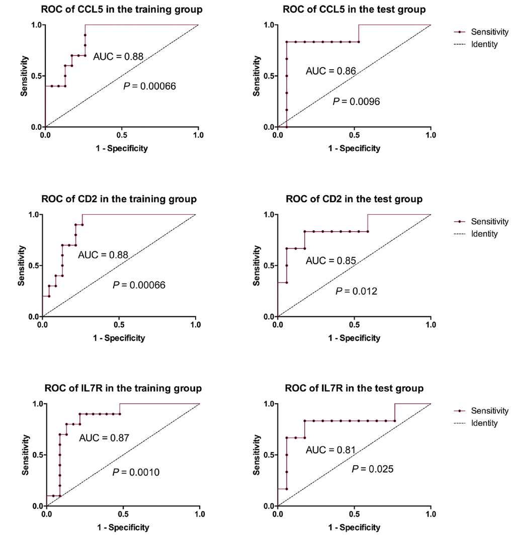 ROC analysis of 3 key genes. ROC analysis showed that AUC of CD2, IL7R and CCL5 in both training and test groups were all > 0.8.