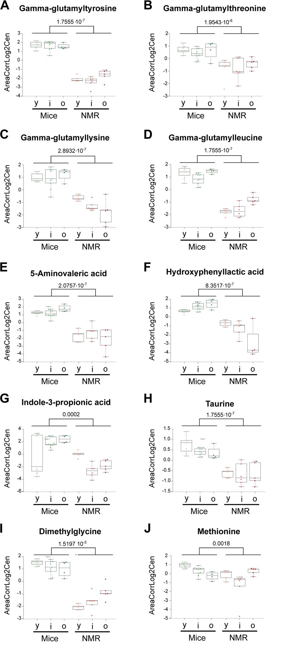 Amino acid derivatives that are reduced in naked mole-rats. Statistical comparisons were calculated by means of a two-sided Wilcoxon test. P-values are indicated.