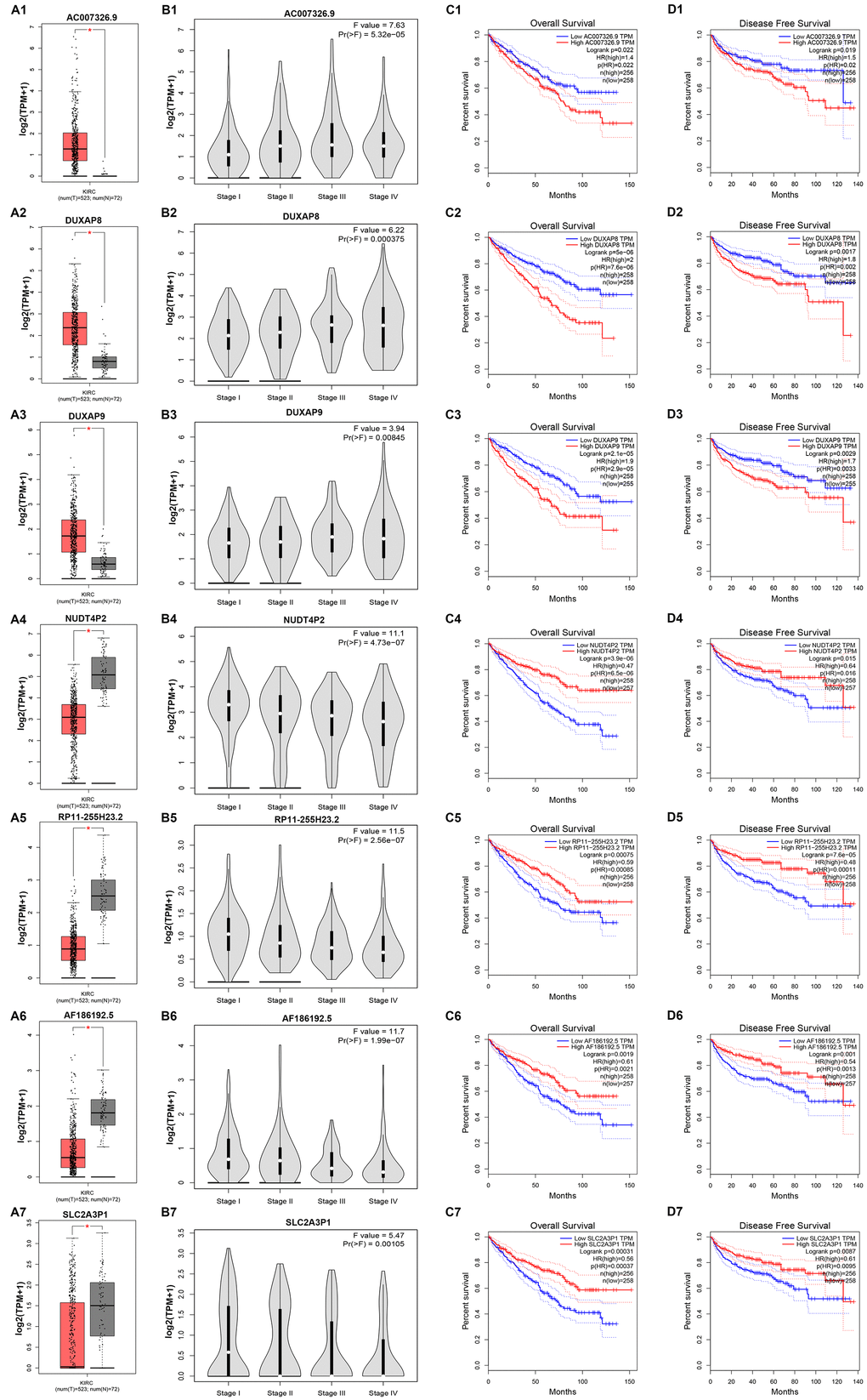 Expression and prognostic values of 7 potential pseudogenes in clear cell renal cell carcinoma (ccRCC) determined by GEPIA database. (A1) Expression of AC007326.9 in ccRCC compared with normal controls; (A2) expression of DUXAP8 in ccRCC compared with normal controls; (A3) expression of DUXAP9 in ccRCC compared with normal controls; (A4) expression of NUDT4P2 in ccRCC compared with normal controls; (A5) expression of RP11-255H23.2 in ccRCC compared with normal controls; (A6) expression of AF186192.5 in ccRCC compared with normal controls; (A7) expression of SLC2A3P1 in ccRCC compared with normal controls; (B1) expression of AC007326.9 among major stages in ccRCC; (B2) expression of DUXAP8 among major stages in ccRCC; (B3) expression of DUXAP9 among major stages in ccRCC; (B4) expression of NUDT4P2 among major stages in ccRCC; (B5) expression of RP11-255H23.2 among major stages in ccRCC; (B6) expression of AF186192.5 among major stages in ccRCC; (B7) expression of SLC2A3P1 among major stages in ccRCC; (C1) prognostic role (overall survival) of AC007326.9 in ccRCC; (C2) prognostic role (overall survival) of DUXAP8 in ccRCC; (C3) prognostic role (overall survival) of DUXAP9 in ccRCC; (C4) prognostic role (overall survival) of NUDT4P2 in ccRCC; (C5) prognostic role (overall survival) of RP11-255H23.2 in ccRCC; (C6) prognostic role (overall survival) of AF186192.5 in KIRC; (C7) prognostic role (overall survival) of SLC2A3P1 in ccRCC; (D1) prognostic role (disease free survival) of AC007326.9 in ccRCC; (D2) prognostic role (disease free survival) of DUXAP8 in ccRCC; (D3) prognostic role (disease free survival) of DUXAP9 in ccRCC; (D4) prognostic role (disease free survival) of NUDT4P2 in ccRCC; (D5) prognostic role (disease free survival) of RP11-255H23.2 in ccRCC; (D6) prognostic role (disease free survival) of AF186192.5 in ccRCC; (D7) prognostic role (disease free survival) of SLC2A3P1 in ccRCC. “*” represents P-value less than 0.05. Three horizontal lines in the box plot represent minimum, median and maximum, respectively.