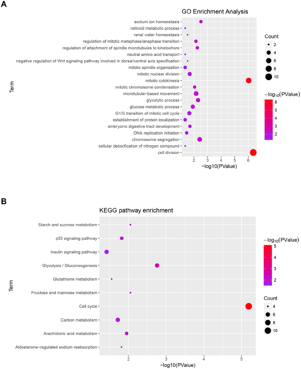 Functional enrichment analysis of blue module. (A) GO analysis of all genes in blue module. (B) KEGG pathway analysis of all genes in blue module.