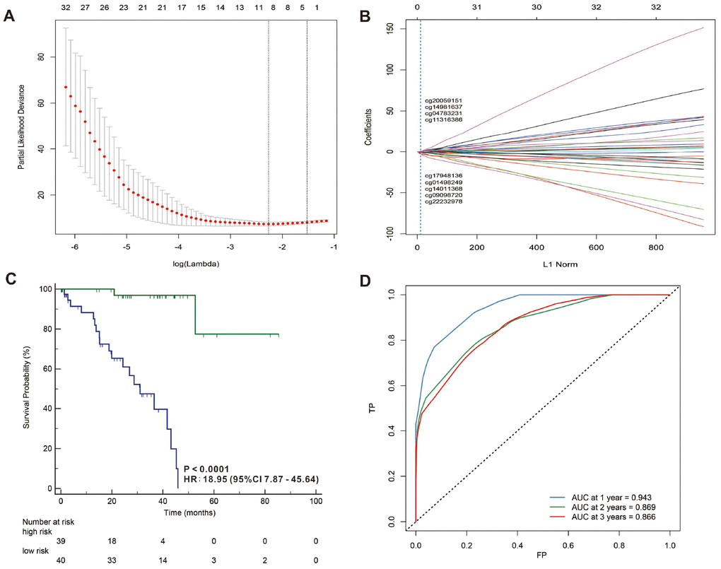 LASSO coefficient profiles of the 32 UVMs-associated lncRNAs (A, B). Kaplan-Meier survival analysis for all 79 patients with UVMs according to the and 9-lncRNAs-classifier stratified by clinicopathological risk factors (C). Time-dependent ROC curves by 9-lncRNAs-classifier for survival probability (D).