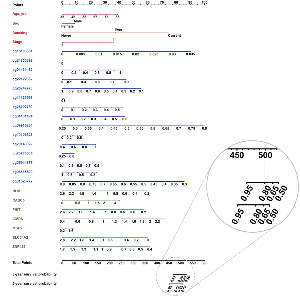 Nomogram constructed with clinical (red font) and trans-omics biomarkers (blue and green font) for overall survival. The probability of each predictor can be converted into the points axis in the top of the nomogram. The summary of these points of each predictor corresponded the total points at the bottom of the nomogram. After adding the points of each predictor in the total points axis, a patient’s probability of survival (3- and 5-year) can be found at the bottom of the nomogram. For example, if a patient got a score (e.g. 500), the 3-year survival probability will be corresponding to 0.80.