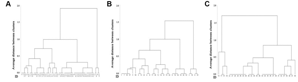 Depicts three cluster trees based on scores for aging-related health and functioning in all subjects. (A) All females (B) and all males (C). The distinct patterns of the three trees indicate that the scale can finely separate distinct samples with respect to similarity