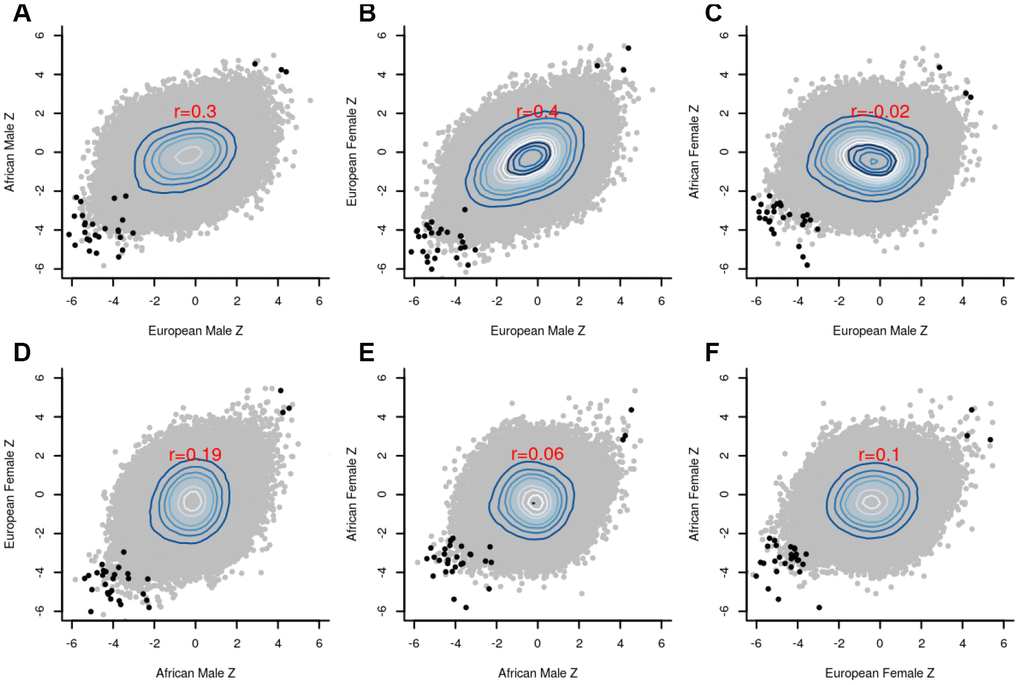 Scatter plots between the group-specific meta-Z scores. (A) European male vs African male; (B) European male vs European female; (C) European male vs African female; (D) African male vs European female; (E) African male vs African female; (F) African female vs European female; The black dots in the panels refer to the top 30 CpG sites detected by the global meta-analysis, whereas the grey dots indicate the remaining CpG sites. Pearson correlation coefficients (red font) reveal strong agreement (r=0.4) between males and females of European ancestry.