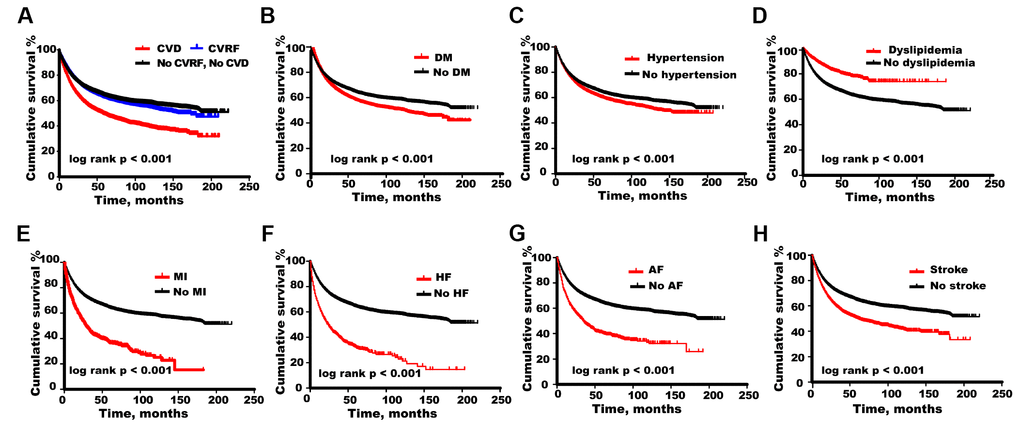 Overall survival calculated by Kaplan–Meier curves. Comparison of cumulative survival among cancer patients with (A) cardiovascular disease (CVD), cardiovascular risk factor (CVRF), (B) diabetes mellitus (DM), (C) hypertension, (D) dyslipidemia, (E) myocardial infarction (MI), (F) heart failure (HF), (G) atrial fibrillation (AF), (H) stroke and those without corresponding comorbidities.