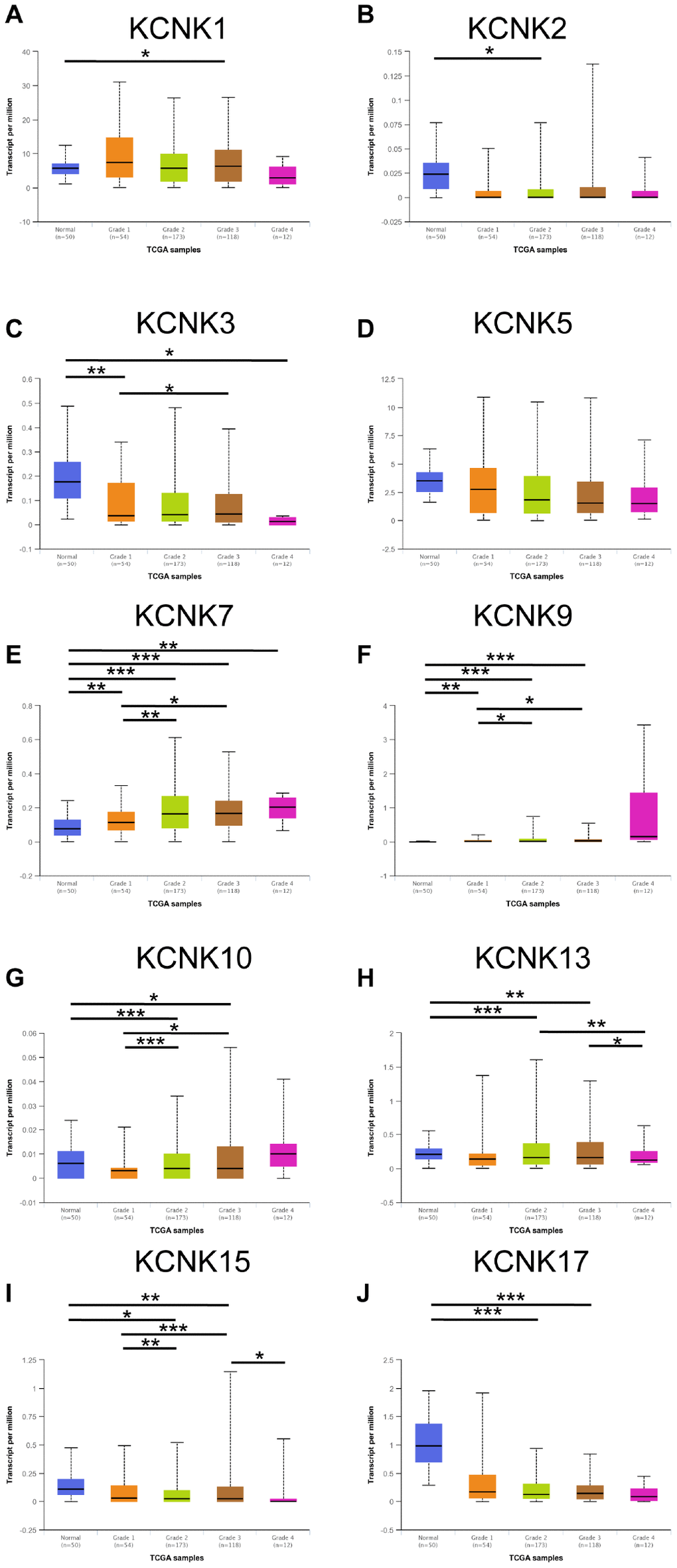 Correlation between levels of 10 KCNKs and HCC patient clinicopathological characteristics. The highest mRNA levels for KCNK7/9/10 were found in tumors of grade 4 (E, F, G) while the lowest mRNA levels of KCNK3/13/15/17 were found in grade 4 tumors (C, H, I, J). Expression of KCNK1/2/5 did not vary with tumor grade (A, B, D). *p