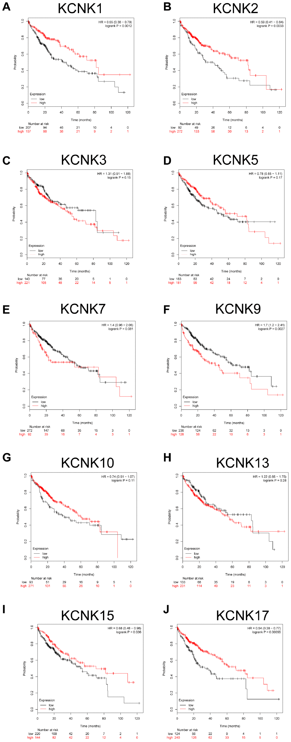 Prognostic value of mRNA expression for distinct KCNKs in HCC (Kaplan-Meier Plotter). KCNK9 mRNA levels correlated negatively (F) while KCNK1/2/15/17 mRNA levels correlated positively (B, I, J) with OS of HCC patients. KCNK7/10/13 mRNA levels showed no correlation with HCC patient prognosis (E, G, H).