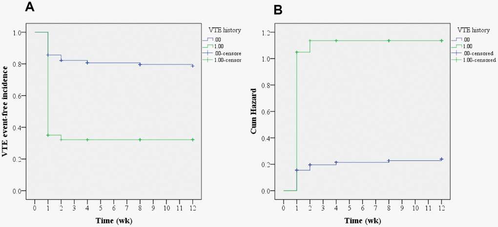 Kaplan-Meier analysis regarding VTE history. (A) Time-to-event analysis of postoperative VTE incidences related to VTE history; (B) Cumulative hazard model (log-rank test, P