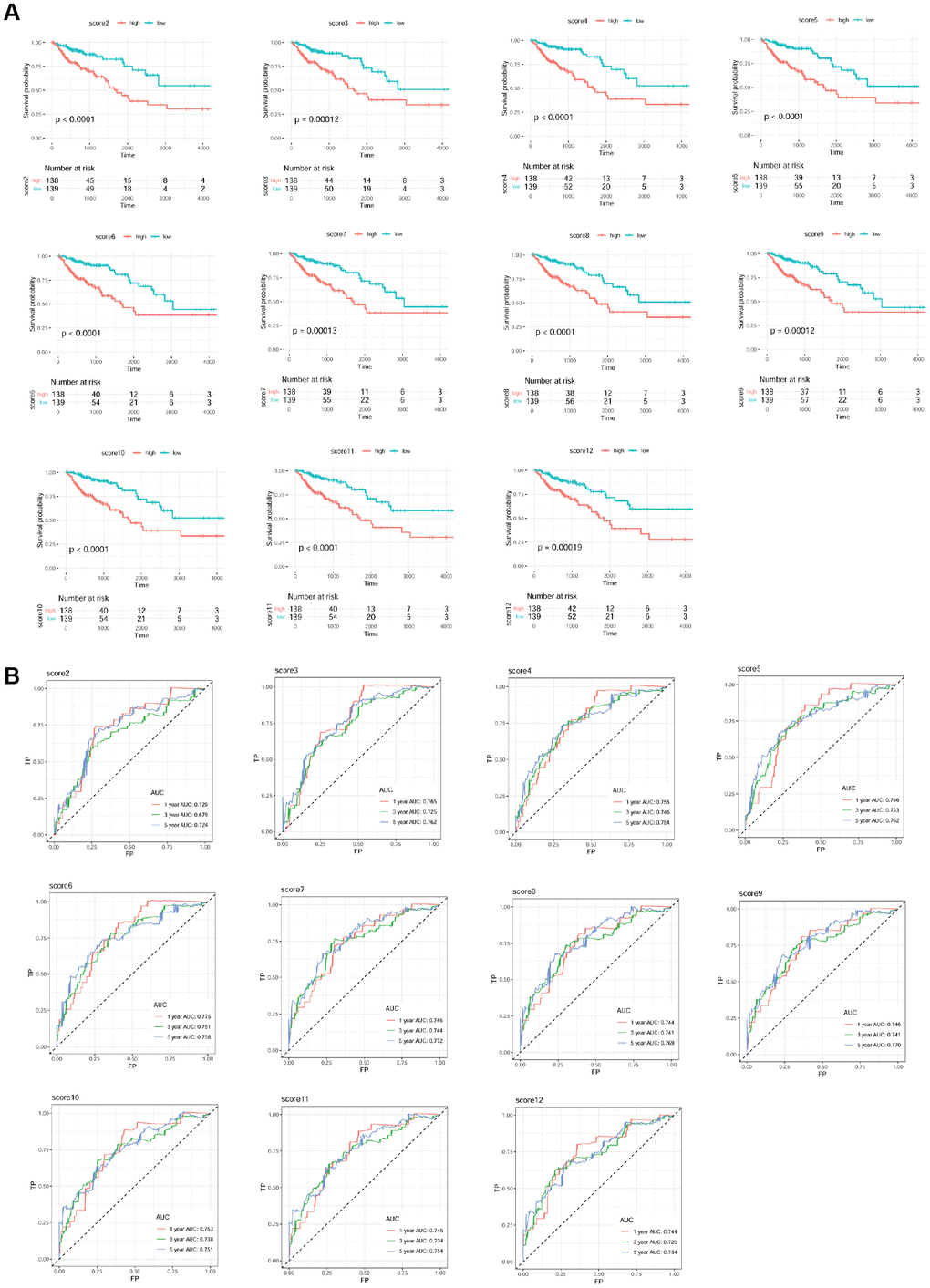 Survival curve (A) and receiver operation characteristic curve (B) of each scoring model.