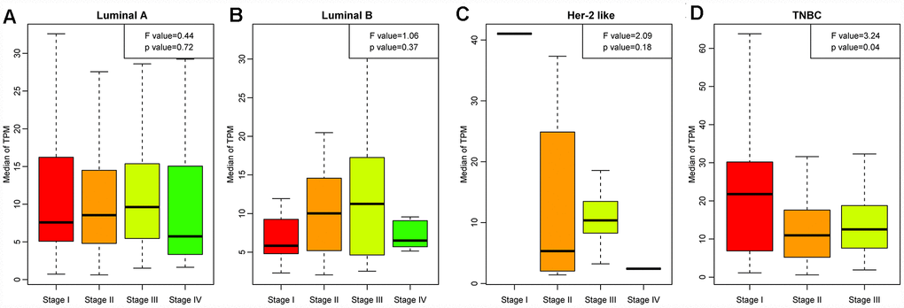 LCK metagene scores of patients at different clinical stages. (A) Luminal A subtype, (B) Luminal B subtype, (C) Her-2-like subtype, (D) TNBC subtype. Data are presented as the mean ± standard error of the mean (SEM).