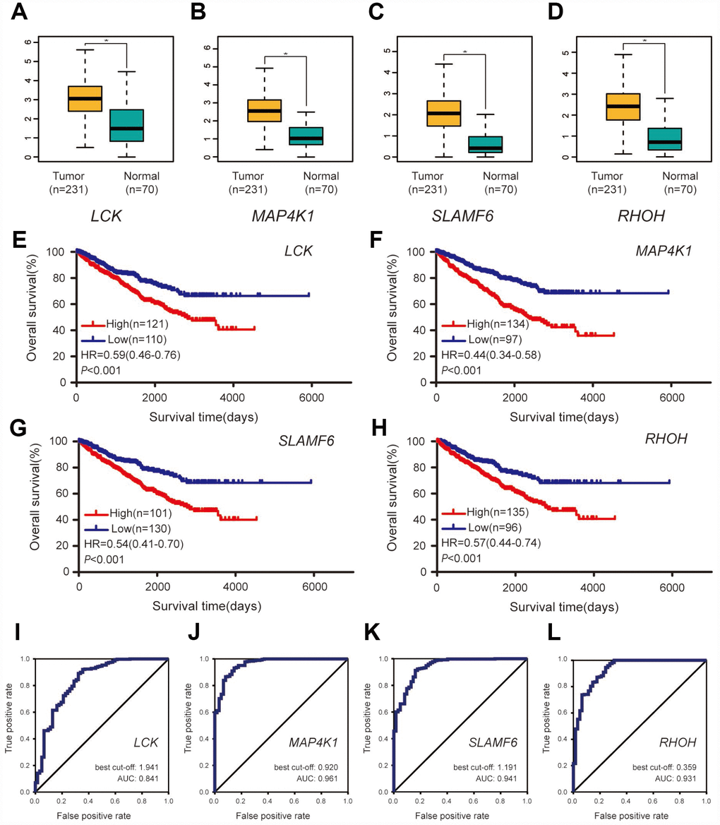 Validation of the four hub genes based on the ICGC cohort. (A–D) Expression levels of the four hub genes between ccRCC samples and normal tissues. (E–H) Overall survival between patients with high and low expression of the four hub genes. (I–L) ROC curves of the four genes to evaluate their capability in distinguishing tumor tissue and normal kidney tissue.