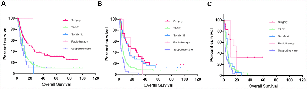 Kaplan–Meier curves of patients who received different treatment in different stages using this new classification system. (A) Kaplan–Meier curve for BCLC-C1; liver resection significantly improved the survival outcomes compared to those of the other treatments (P B) Kaplan–Meier curve for BCLC-C2; although a small proportion of patients still accepted liver resection, the survival benefit was not significant compared to that of those who received sorafenib or radiotherapy (P > 0.5). (C) Kaplan–Meier curve in BCLC-C3; less than 5% of the patients were eligible for liver resection.