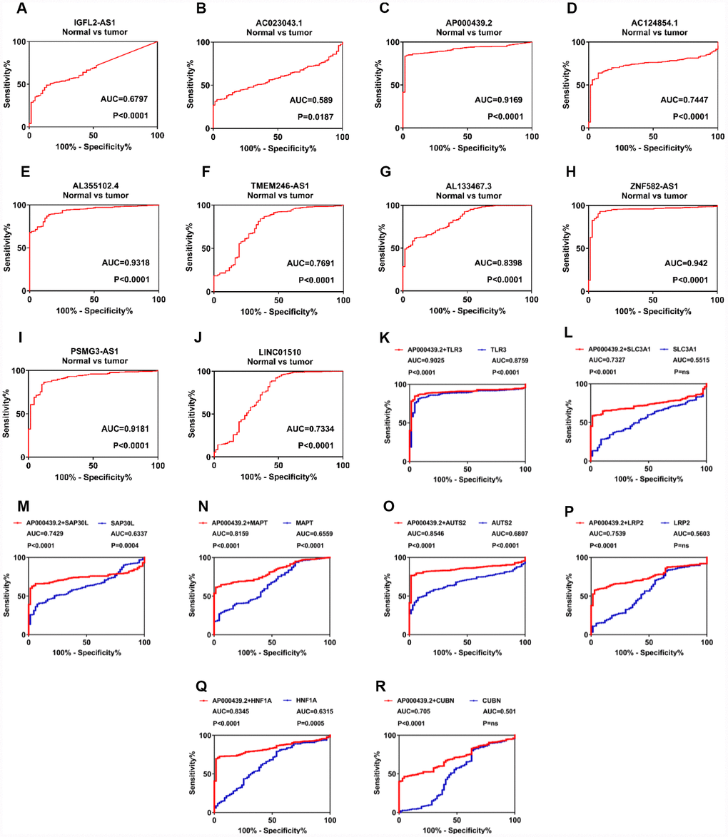 LncRNAs play a diagnostic role in patients with clear cell renal cell carcinoma. (A–J) ROC curve analysis was performed to differentiate kidney cancer patients from healthy individuals, according to lncRNA expression. (K–R) Diagnostic accuracy was improved after combing AP000439.2 with previously reported RCC biomarkers. lncRNAs, long non-coding RNAs; ROC, receiver operating characteristic curve; RCC, renal cell carcinoma.