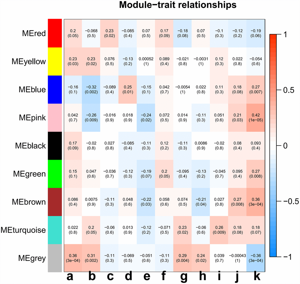 Analysis of module-trait relationships of LC based on TCGA data. Each row corresponds to a module eigengene, and column to a trait. (a) age at initial pathologic diagnosis, (b) history of smoking, (c) history of alcohol consumption, (d) intermediate dimension, (e) lymph node count, (f) neck lymph node dissection, (g) pathologic N stage, (h) radiation therapy, (i) targeted molecular therapy, (j) tumor status, (k) success of follow-up treatment.