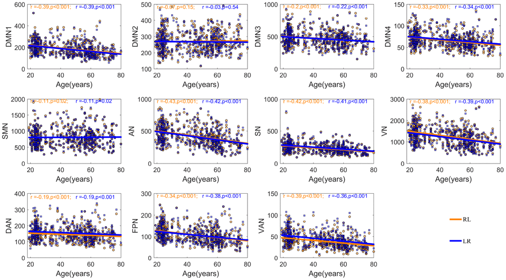 The relationship between age and inter-hemispheric functional connectivity between homotopic networks after controlling for the participant’s sex and mean FD. The blue fitted line indicates a given network in the left hemisphere interacted with the homotopic network in the right hemisphere; the orange fitted line indicates a given network in the right hemisphere interacted with the homotopic network in the left hemisphere.