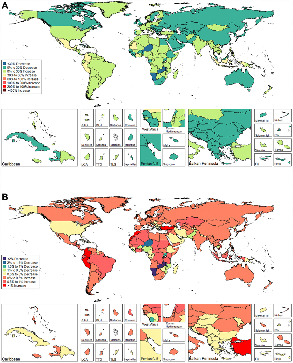 Global disease burden of male infertility disability-adjusted life-years in 195 countries and territories. (A). The percent change in age-standardized disability-adjusted life-years of male infertility between 1990 and 2017; (B). The estimated annual percentage change of male infertility age-standardized disability-adjusted life-years from 1990 to 2017).