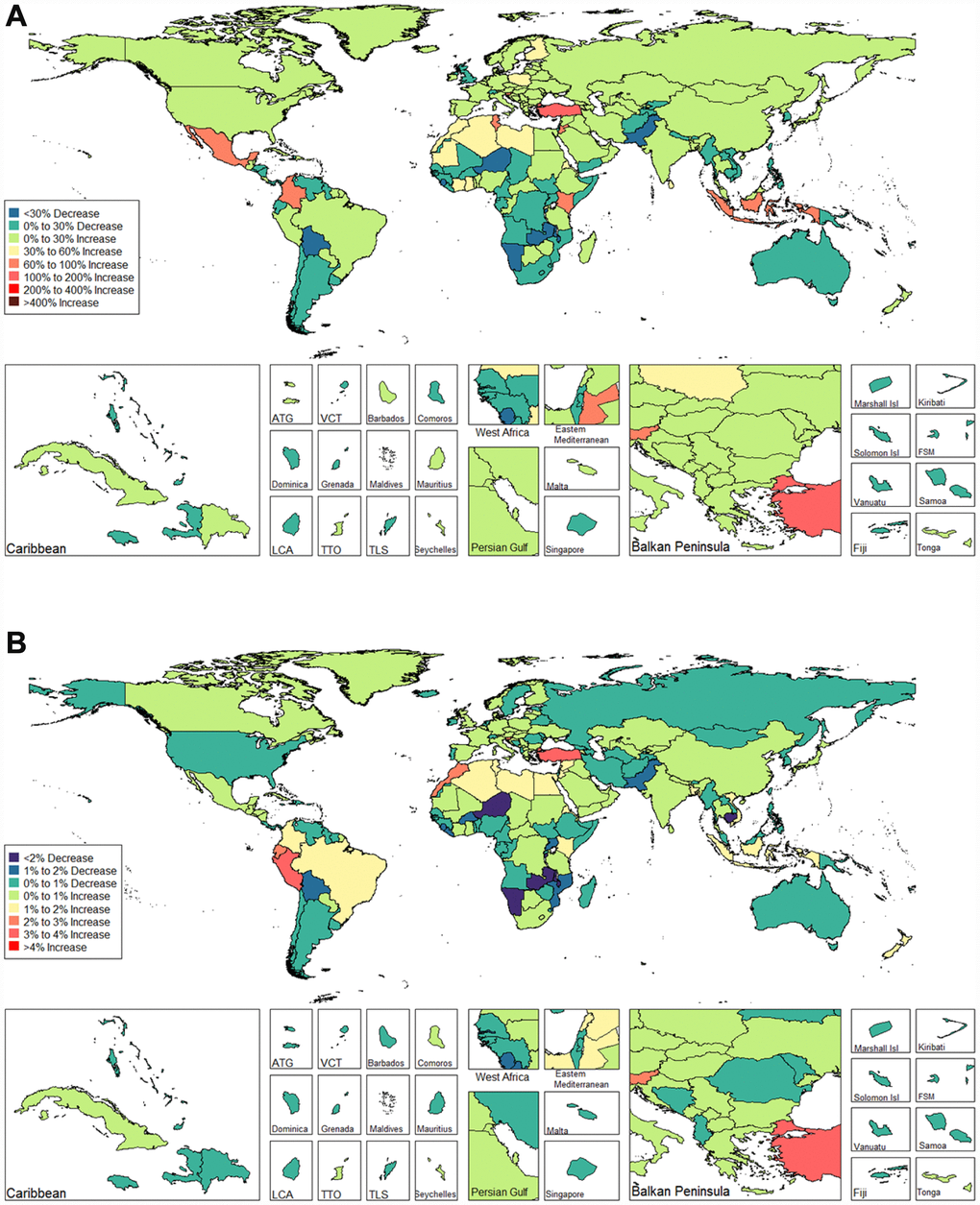 Global disease burden of female infertility prevalence in 195 countries and territories. (A) The percent change in age-standardized prevalence of female infertility between 1990 and 2017; (B) The estimated annual percentage change of female infertility age-standardized prevalence from 1990 to 2017).