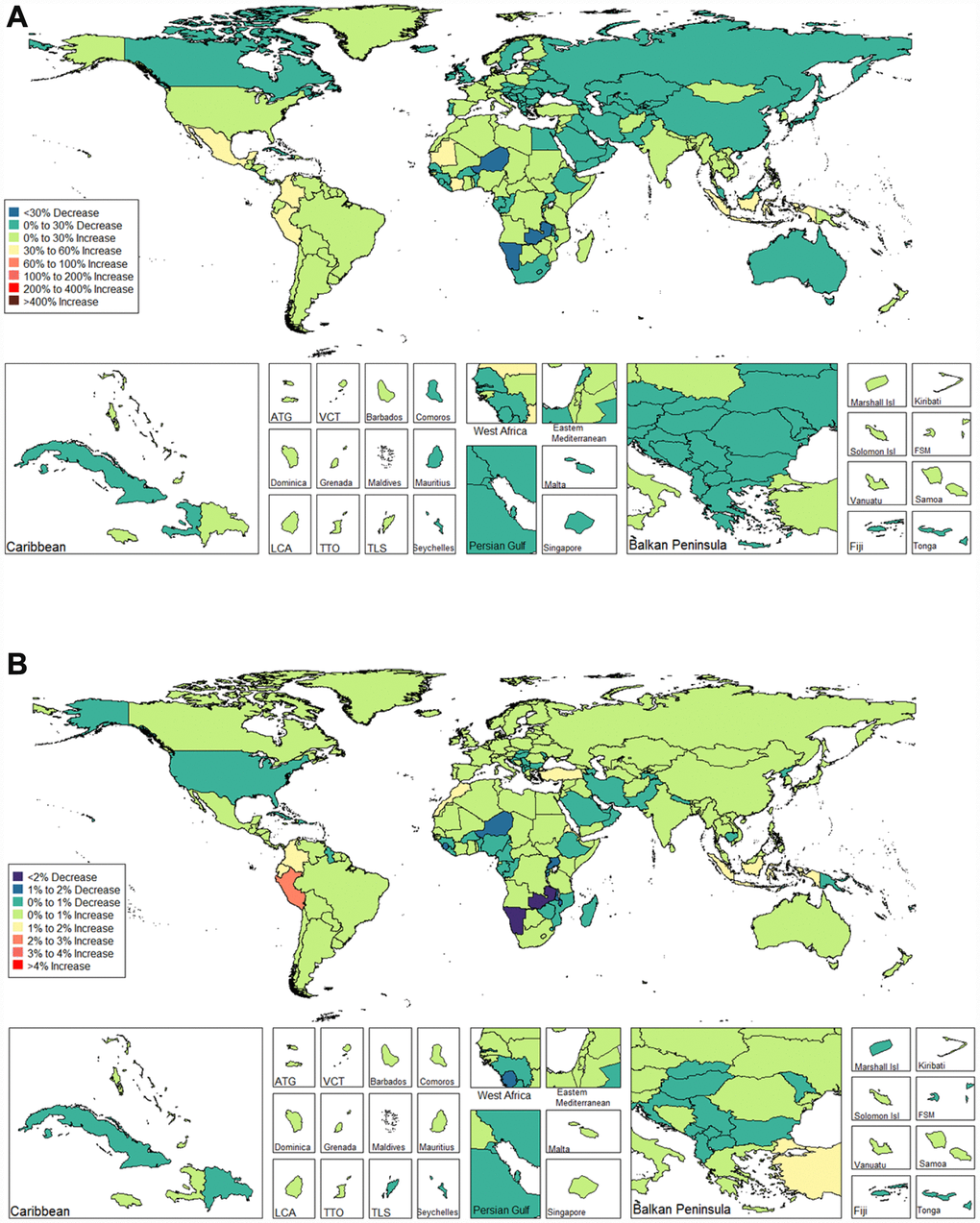 Global disease burden of male infertility prevalence in 195 countries and territories. (A) The percent change in age-standardized prevalence of male infertility between 1990 and 2017; (B) The estimated annual percentage change of male infertility age-standardized prevalence from 1990 to 2017).